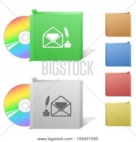 mail with feather and inkstand. Box with compact disc. Raster illustration.