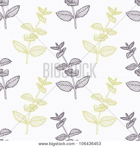 Hand drawn mint branch stylized black and green seamless pattern