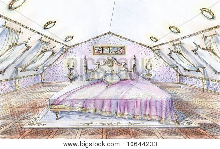 Hand drawn sketch of classic style bedroom