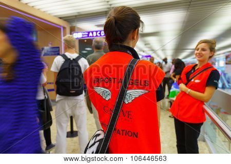 GENEVA, SWITZERLAND - SEPTEMBER 11, 2014: airport angels in Geneva Airport. Geneva Airport, formerly known as Cointrin Airport, is the international airport of Geneva