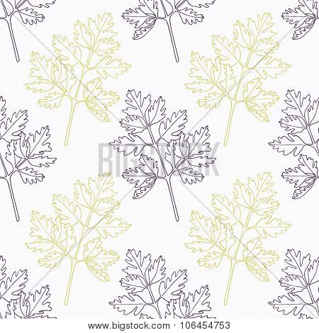 Hand drawn chervil branch wirh flowers stylized black and green seamless pattern