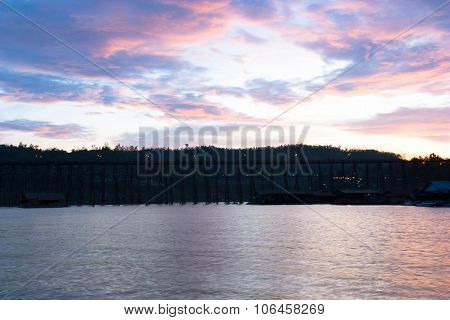 Mon Wood Bridge, Across River , Songkalia River,  Thailand