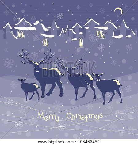 Christmas Reindeer Animal Family Christmas Night Snow Town Vintage Vector Illustration