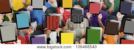 Diverse Group People Holding Tablet Faces Anonymous Concept