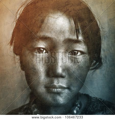 Mongolian Girl Portrait Drawimg Retro Concept