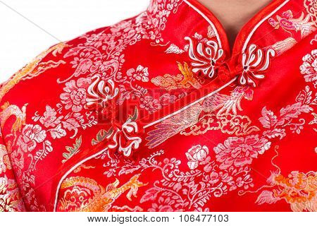 Chinese Woman Red Dress Traditional Cheongsam ,close Up Portrait Uniform, Chinese New Year
