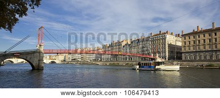 LYON FRANCE OCTOBER 26 - Panoramic view of vaporetto on Saone river in Lyon historic district on October 26 2015 in Lyon France.