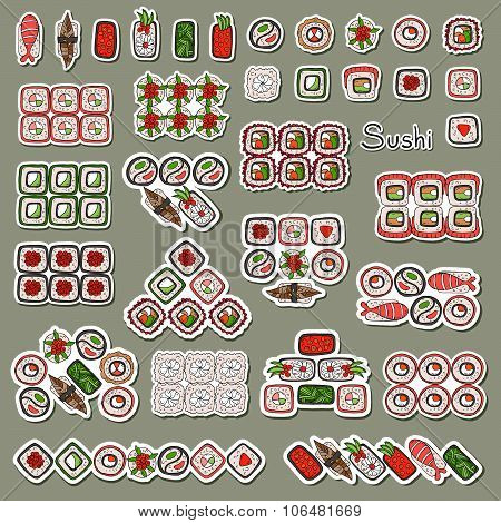 Flat compositions of sushi and rolls