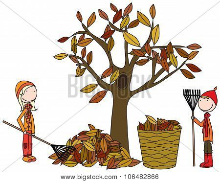 Happy Kids Raking Leaves
