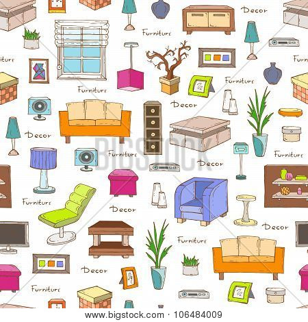 Vector seamless pattern of hand drawn furniture and decorative elements. Interior design. Background for use in design, web site, packing, textile, fabric