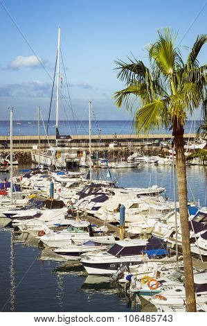 Luxury yachts on the dock at the yacht club Puerto Colon, Costa Adeje, Tenerife