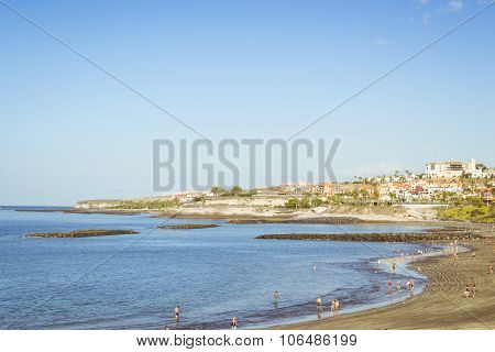 Sandy Beach, View Of The Duke Castle, Costa Adeje, Tenerife, Spain