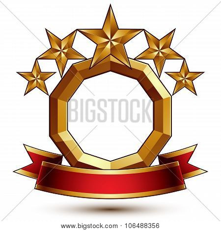Majestic Vector Golden Ring Isolated On White Background, 3D Polished Five Golden Stars. Heraldic Br