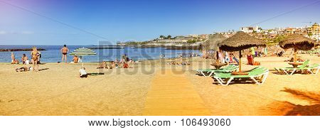 Sandy Beach, View Of The Duke Castle, Costa Adeje, Tenerife, Spain