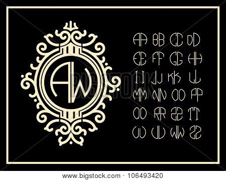 Set of template letters to create monograms of two letters in scribed in a circle in Art Nouveau sty