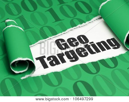 Finance concept: black text Geo Targeting under the piece of  torn paper