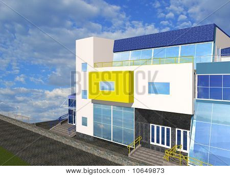 3D-skiss med del av modern byggnad