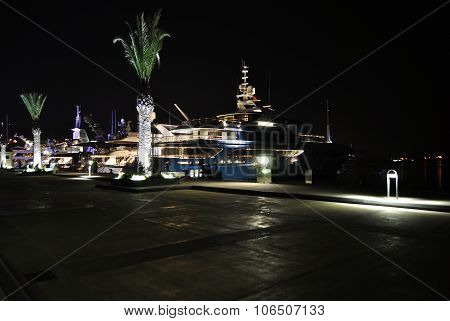 Night with luxury yachts in Porto Montenegro.