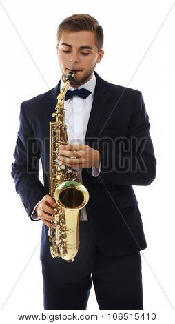 Elegant happy saxophonist plays music on sax on white background