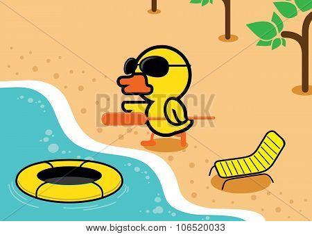 Duck Vacation In Summer With Rubber Boat
