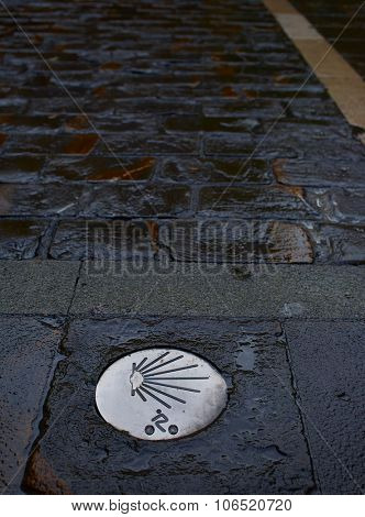 Pamplona way of Saint James sign in the road Navarra in Spain plaza del Castillo square