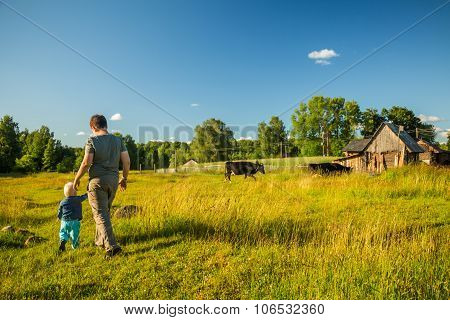 Two Boys Watching Cows In A Meadow.
