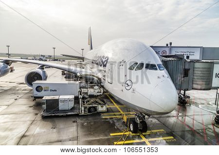 Lufthansa Airbus A380 At The Gate Of The Frankfurt Airport