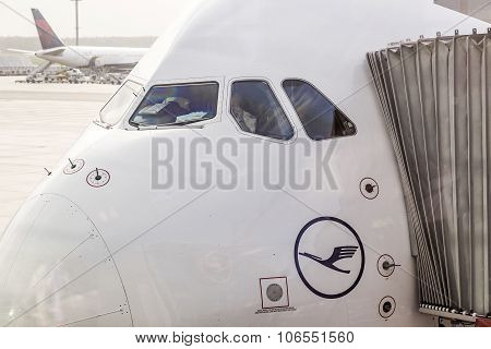 Lufthansa Airbus A380 At The Gate Of The Frankfurt Airport