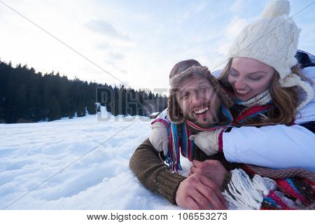 portrait of happy young romantic tourist  couple outdoor in nature at winter vacation