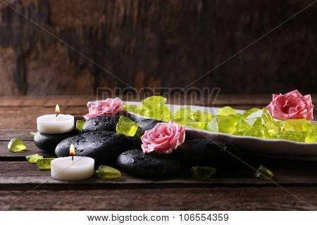 Relaxing composition on wooden background