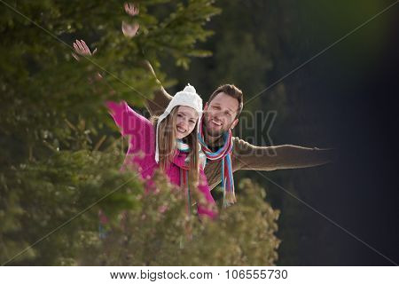 portrait of happy young romantic tourist  couple outdoor in nature at winter vacation