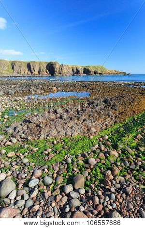 Beautiful Landscape Of Hill And Rock At Dunnottar Castle Area, Aberdeen Scotland, Uk