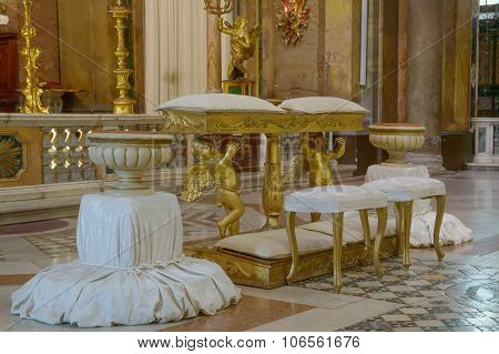 Rome, Italy- October 2015; Antique Gilded Ornamental Decorated Baroque Kneelers And Chairs For Weddi