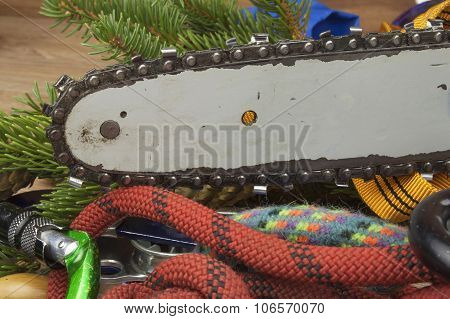 Tools for trimming trees, utility arborists. Chainsaw to work lumberjack. Arbor