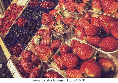 Retro Vintage Artistic Edit Dark Instagram Style Of Fresh Strawberries In Selective Focus, With Othe