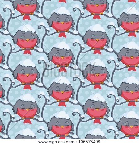 Bird red sleep vector seamless pattern. Winter background.