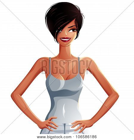 Vector Drawing Of A Young Pretty Lady With Fashionable Female Haircut. Vector Illustration Of Woman