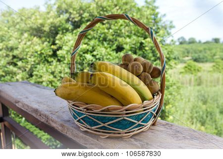 Bananaas fruits in wood basket on nature background