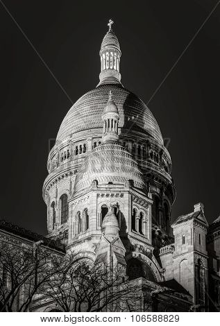 Black & White Sacre Coeur Basilica At Night, Montmartre, Paris