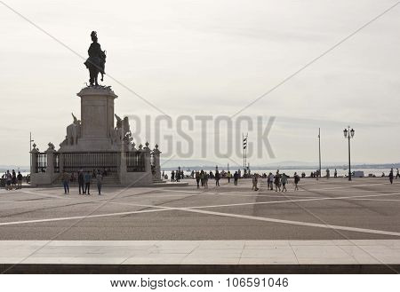 People Around King Jose Equestrian Statue In Lisbon