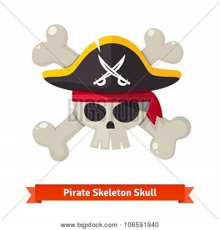 Pirate skull with crossed bones in black hat