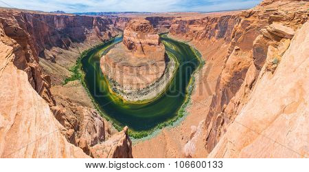 Horseshoe Bend is a famous meander on river Colorado near the town of Page. Arizona, USA. Panoramic photo