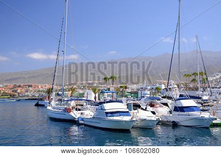 Boats and yachts in Puerto Colon yacht club in Costa Adeje Tenerife