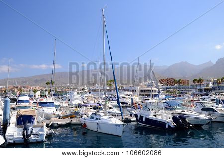 Boats and yachts in Puerto Colon yacht club in Costa Adeje Tenerife