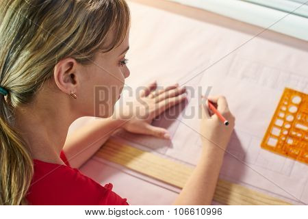 4 Architect Student Doing College Homework Drawing Lines On Plan