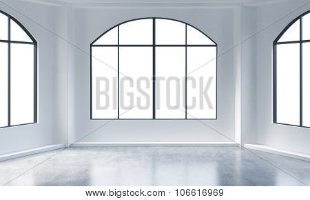 An Empty Modern Bright And Clean Loft Interior. Huge Panoramic Windows With White Copy Space And Whi