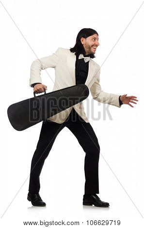 Man with violin case on whtie