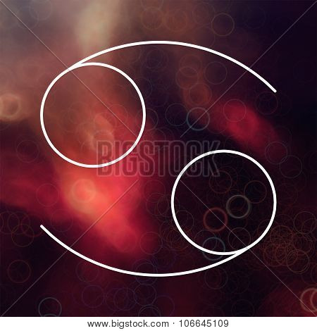 Zodiac Signs. Cancer. White Thin Line Astrological Symbols On Blurry Colorful Background.