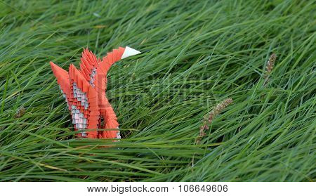 Beautifull Orange Origami Swan On A Grass