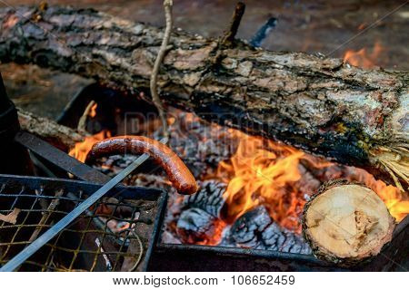 Sausage On Bonfire In The Wood